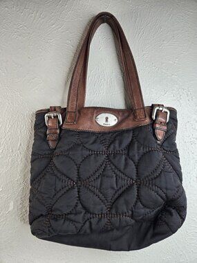 Fossil Medium Totebag Black Quilted Brown Leather Trim Handbag Everyday Purse